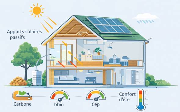 Coupe d&rsquo;un b&acirc;timent conforme aux normes RE2020 montrant les indicateurs Bbio, Cep, impact carbone et confort d&rsquo;&eacute;t&eacute;