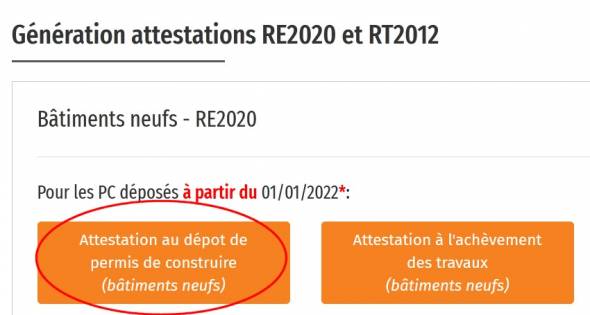 Cliquer sur Attestations au dépôt de permis de construire